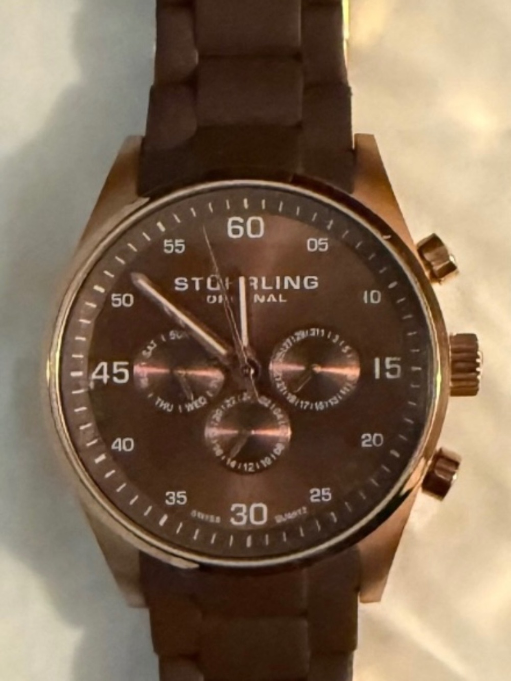 Stührling Original Men’s Krysterna Crystal Watch Rose Gold Case & Brown Dial